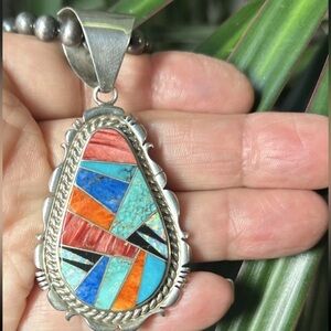 Navajo Native American Sterling Silver Turquoise Spiny Inlay Multicolor Pendant